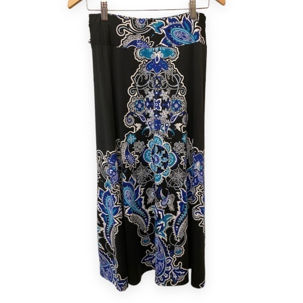 Robert Louis Petite Small Long Flowy Maxi Skirt Black W/ Blue Abstract Stretchy